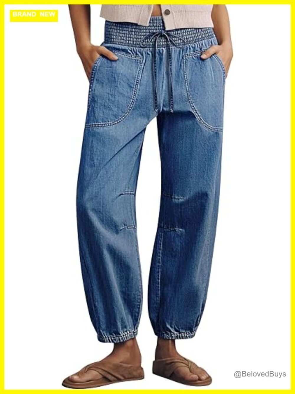 High Waist Barrel Leg Jogger Jeans Drawstring Elastic Cuff Denim Pants